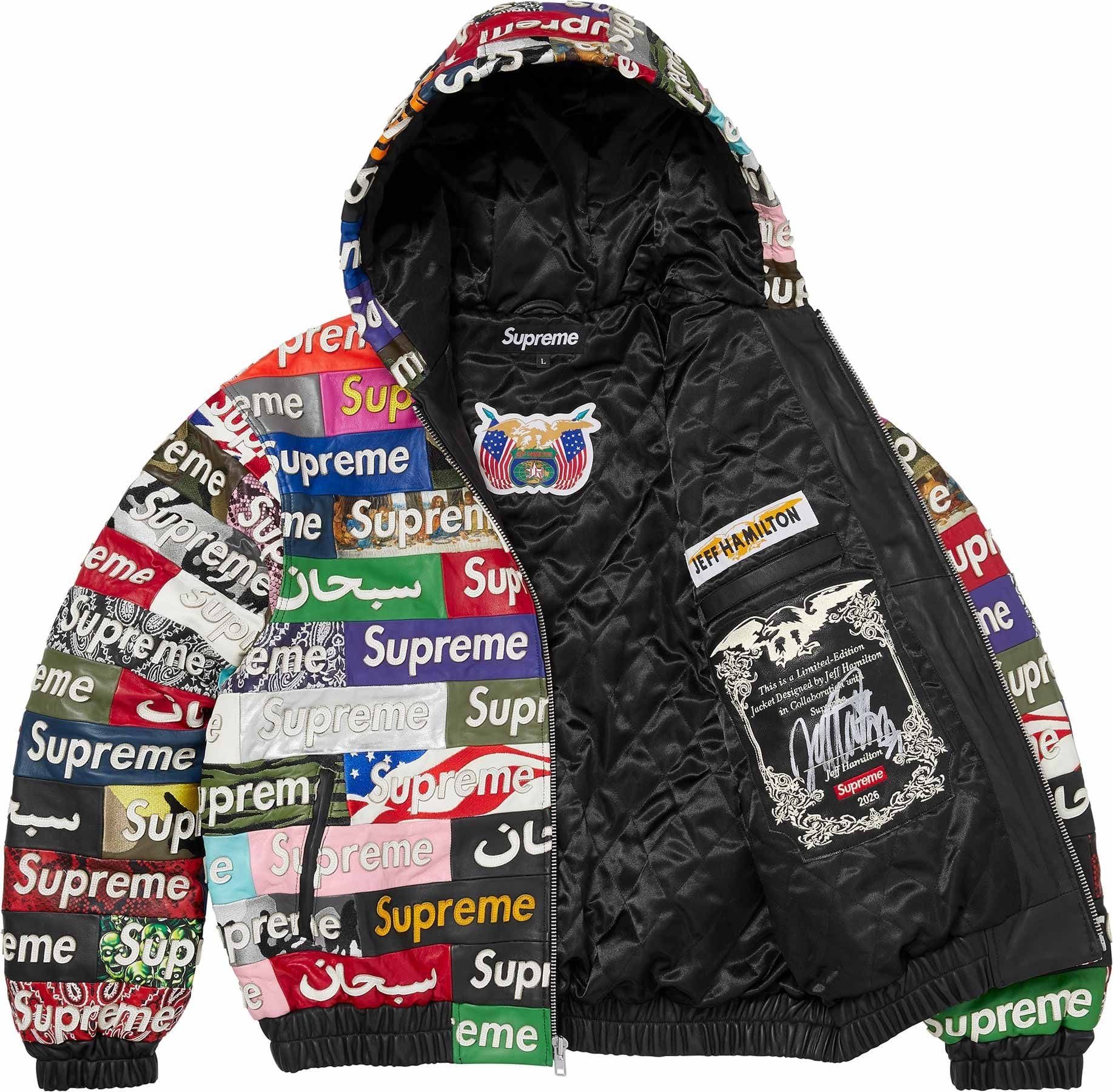 Supreme®/Jeff Hamilton® Box Logo Appliqué Hooded Leather Jacket view 2